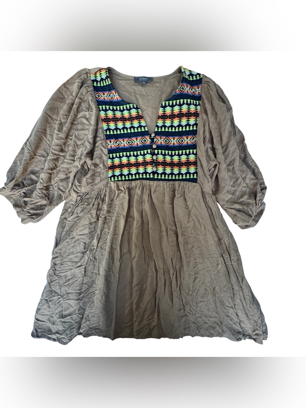Umgee Womans Tan Cotton Blend Aztec Tribal Pattern Bibbed Dress Size Small